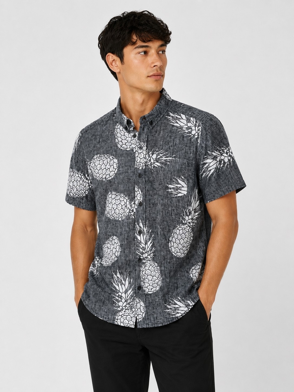 Brooklyn Cloth Size Medium Black&White Men's Short-Sleeve‎ Pineapple Print Shirt